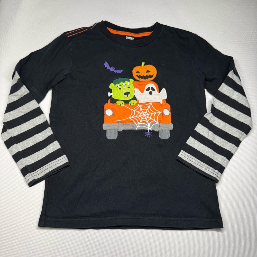Gymboree Boys Halloween Shirt Sz 7 Black Pumpkin Ghost Frankenstein Long Sleeve